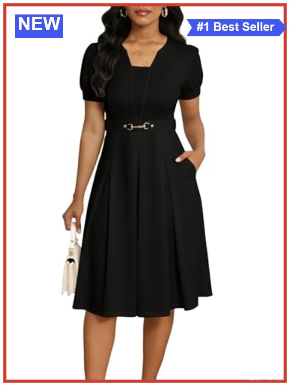Women's Short Sleeve Fit and Flare Midi Dress with Pockets Semi Formal